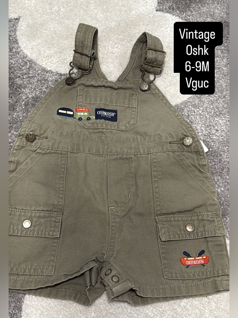 Vintage OshKosh B'gosh Olive Green Kids Overalls with Boat Embroidery